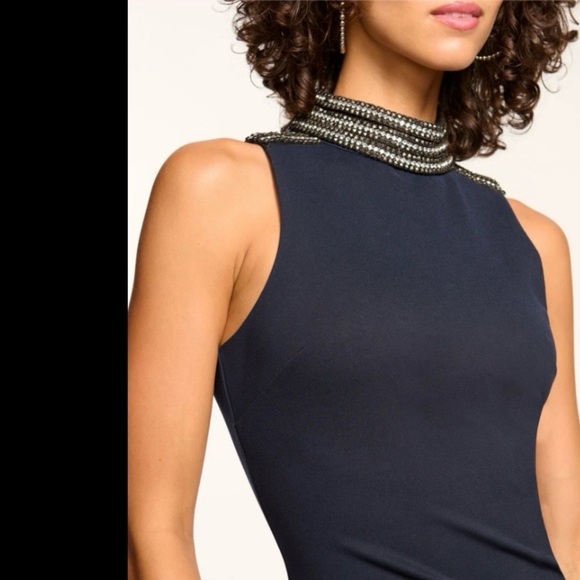 Ramy Brook Navy Josephine Embellished Dress Crystal Silver Rhinestone sz 14 midi - Picture 3 of 4
